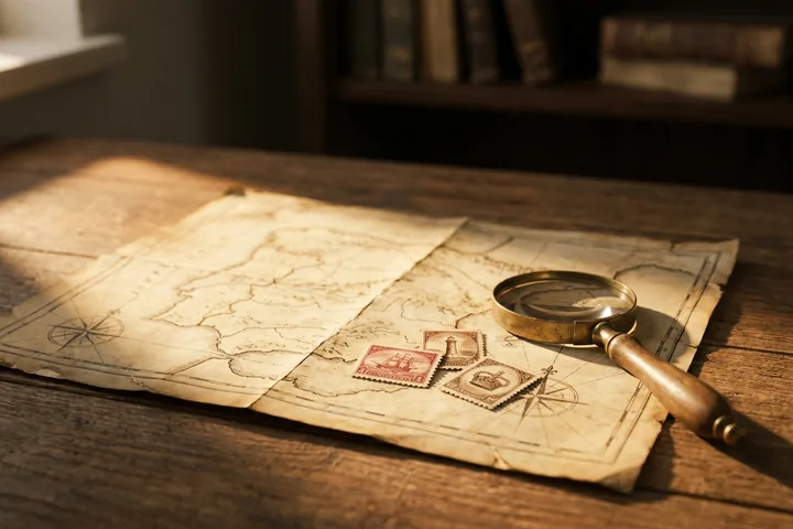 Mapa antiguo de la península ibérica sobre una mesa, con sellos antiguos y una lupa de latón