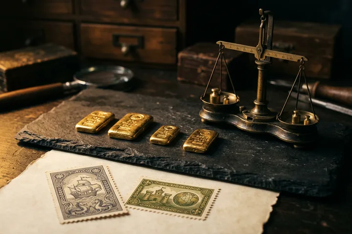 Lingotes de oro y una balanza de precisión de latón, con dos sellos antiguos delante