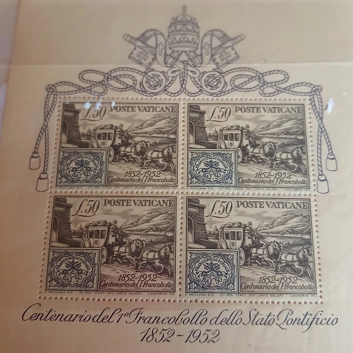 Vaticano 1952 · hoja bloque del centenario del primer sello pontificio — Ciudad del Vaticano, 1952
